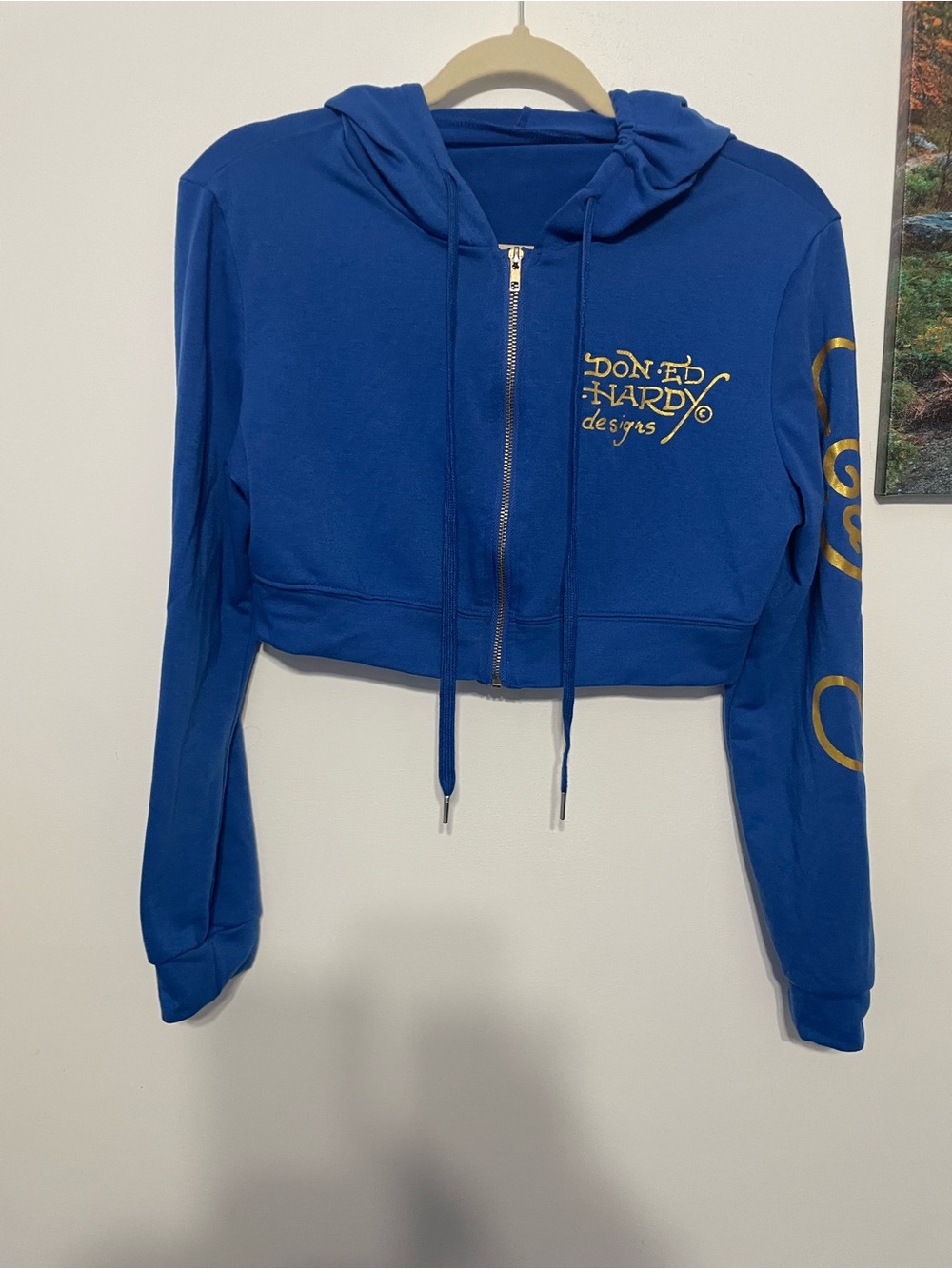 Don Ed Hardy Royal Blue Cropped Zip Hoodie with Gold Logo size L pre-owned